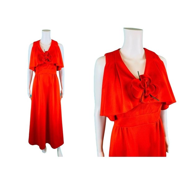 Vintage 1970s Maxi Party Dress Red Flutter Top Leslie Fay Flower Pin | W 27" - Picture 1 of 10